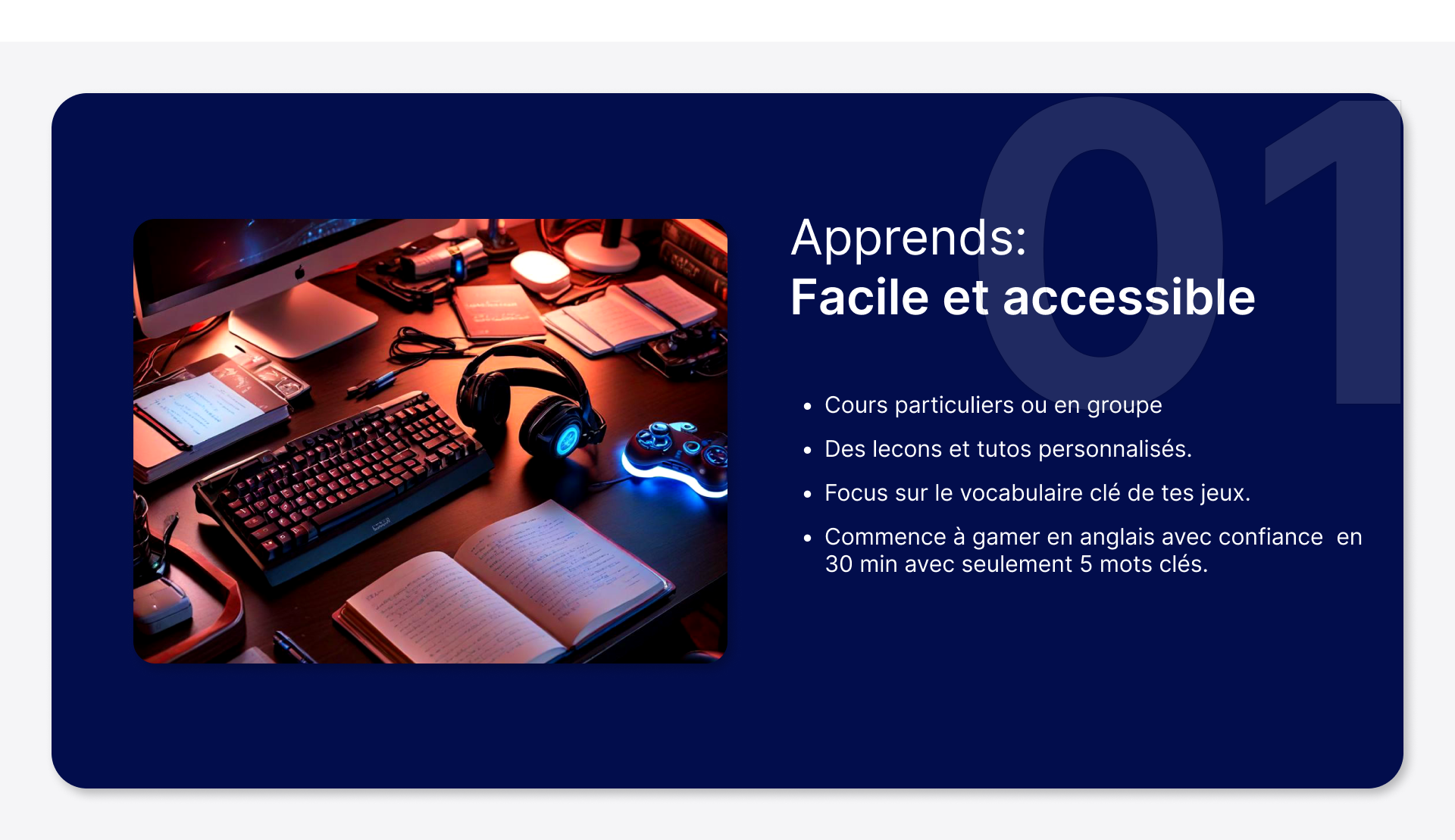 apprends l'anglais facile et accessible Cours particuliers ou en groupe Des lecons et tutos personalisés. Focus sur le vocabulaire clé de tes jeux. Commence à gamer en anglais avec confiance en 30 min avec seulement 5 mots clés.
