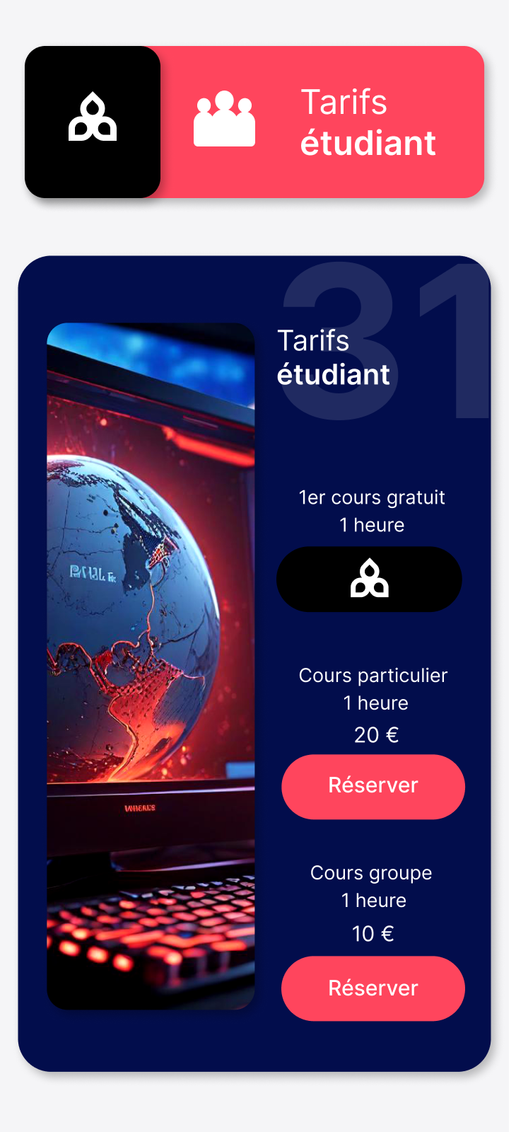 réduction étudiante cours anglais cours anglais groupe 10 € Cours anglais particulier 20 €